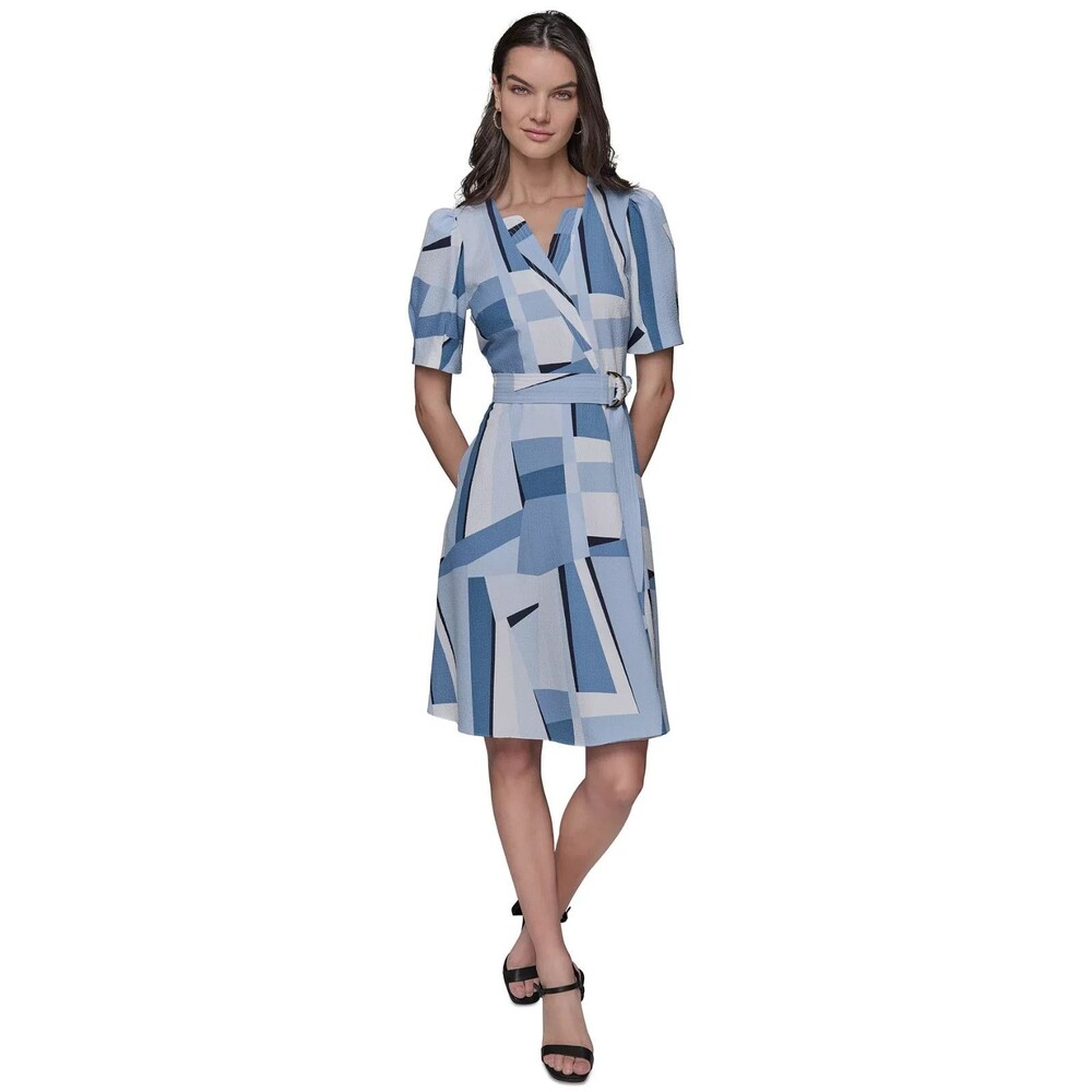 KARL LAGERFELD PARIS Women's V Neck Geometric-Print A-Line Dress Dusty  Blue 14